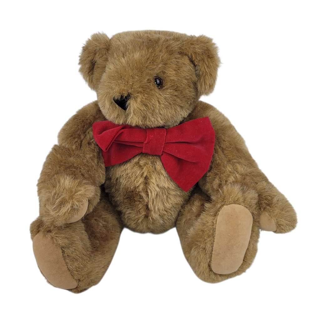 Vermont Teddy Bear Brown Plush Velvet Red Bow Tie Jointed Stuffed Animal
